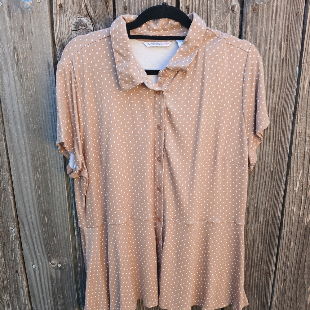 Isaac Mizrahi Tan Blouse with White Dots